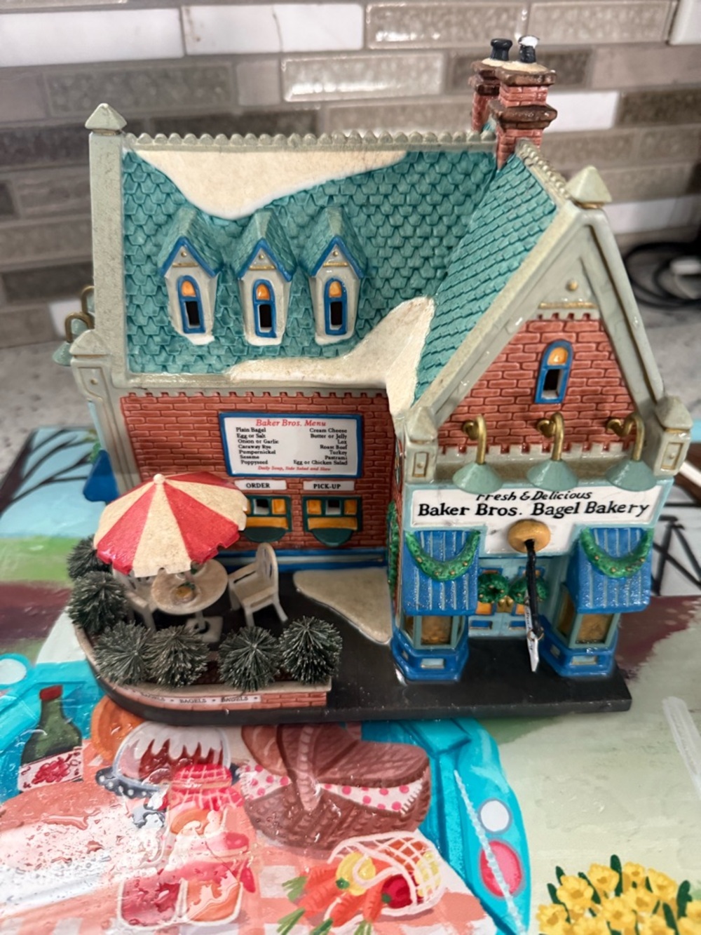 Department 56 Teal and Red Baker Bros. Bagel Bakery Village Building